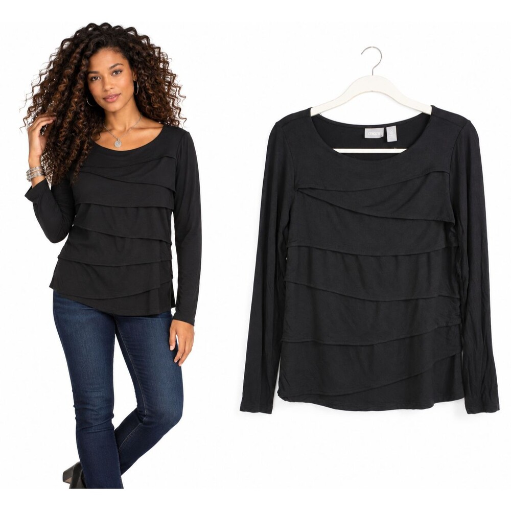 Chicos Tiered Ruffle Layered Top Size XS S Rayon Stretch Long Sleeve Black
